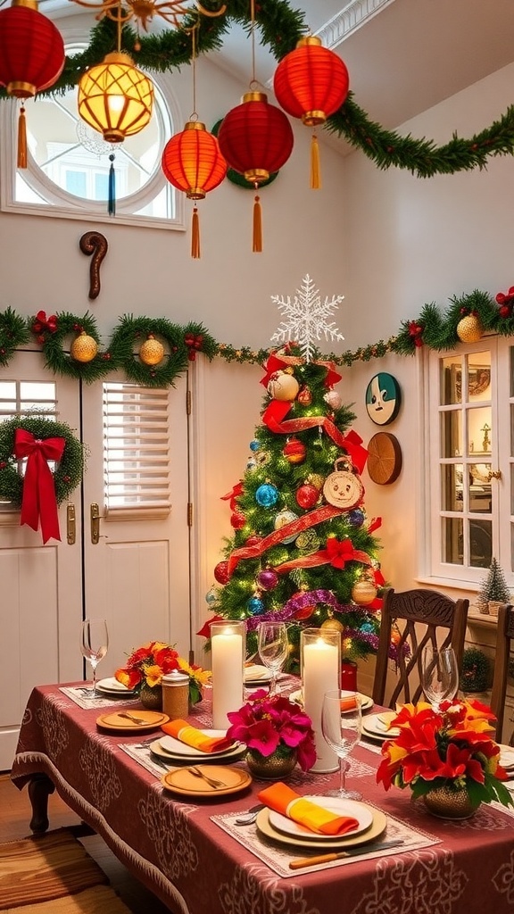 Traditional Christmas Decor Ideas for the Philippines A Filipino Christmas home decorated with parols, a Christmas tree, and a festive dining table.